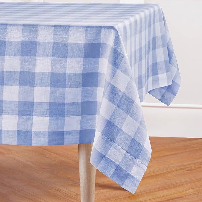 Solino Home Linen Checkered Tablecloth 60 x 120 Inch - 100% Pure Linen Hydrangea Blue Buffalo Plaid Table Cloth for Rectangle Tables - Machine Washable Tablecloth