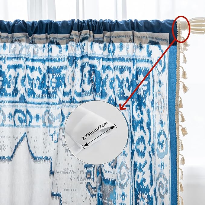 Popular Handicrafts Printed Curtains for Living Room 96 Inches Long Indian Hippie Bohemian Curtains Rod Pocket Light Filtering 2 Panels, Blue/White