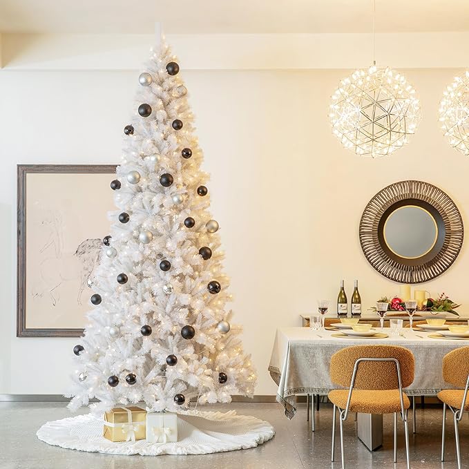 Glitzhome 10ft Pre-Lit Slim Artificial Christmas Tree, Aspen Frostfall Pine Hinged Holiday Xmas Tree with Foldable Metal Stand, 800 Warm White Lights, Ideal for Home, Office, Party Decoration
