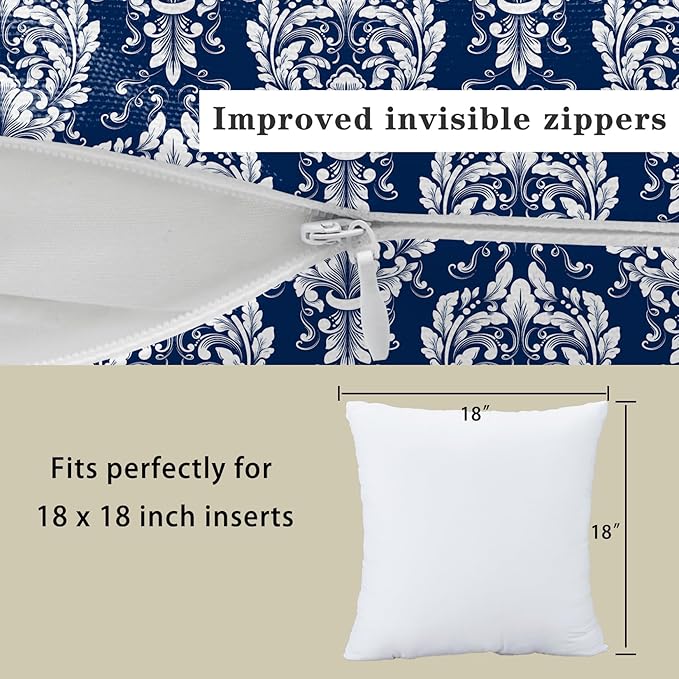 LOVOUS Navy Blue and White Damask Throw Pillow Covers 18x18 Inch Set of 2, Vintage Linen Decorative Pillow Covers for Bed Couch Sofa Bedroom Living Room Home Decor, B17