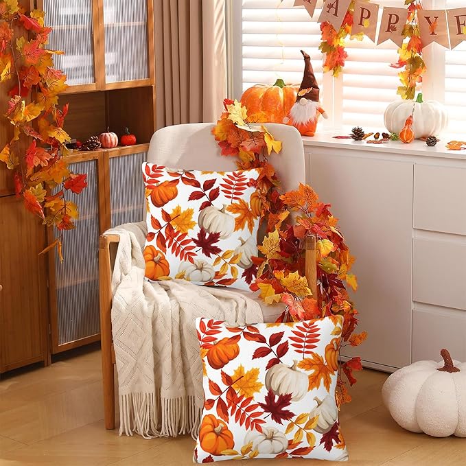 Fall Pillow Covers 18X18 Set of 2, Fall Pumpkins Maple Leaves Decorative Throw Pillow Covers, Autumn Thanksgiving Harvest Pillow Cover Pillowcase Cushion Case for Home Sofa Couch Indoor Outdoor