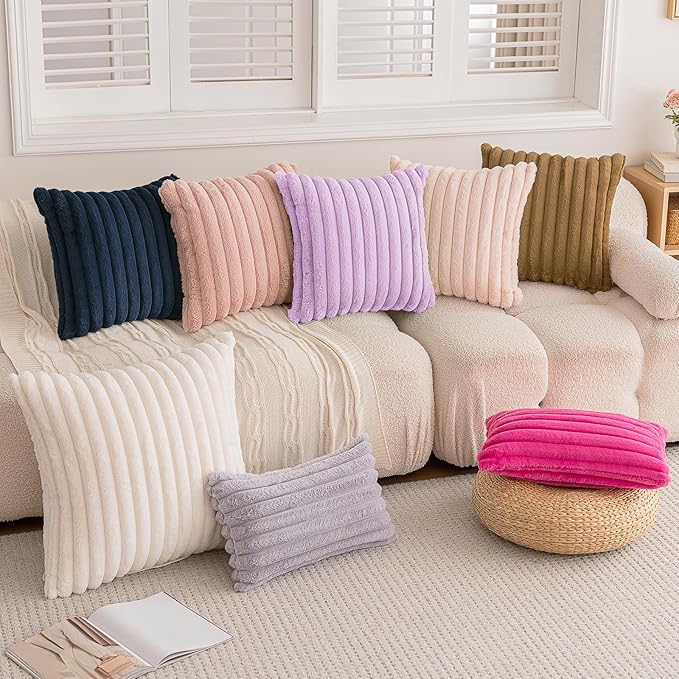 Double-Sided Faux Fur Plush Throw Pillow Covers 18x18 Set of 2 Fuzzy Striped Soft Cozy Pillowcase Luxury Decorative Pillows Square Fluffy Cushion Cover for Couch Sofa Bed,Navy Blue