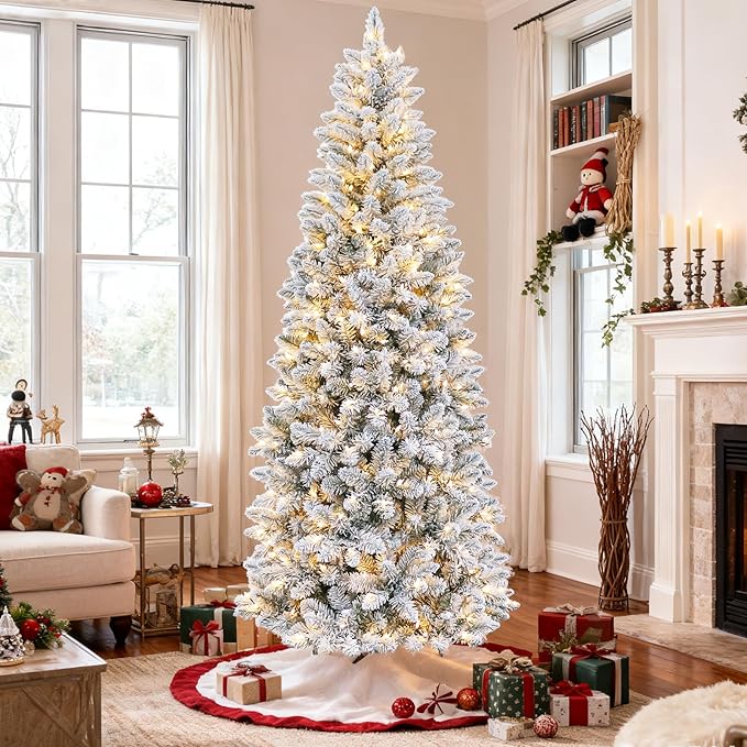 Hykolity 7.5 ft Pencil Prelit Christmas Tree, Artificial Slim Christmas Tree with 300 Multicolor LED Lights, 792 PVC Branch Tips, Metal Stand and Hinged Branches, 10 Modes