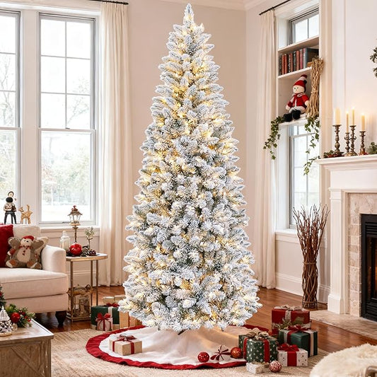 Hykolity 7.5 ft Pencil Prelit Christmas Tree, Artificial Slim Christmas Tree with 300 Multicolor LED Lights, 792 PVC Branch Tips, Metal Stand and Hinged Branches, 10 Modes