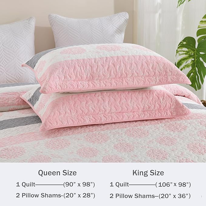 Homzard Quilts Queen Size,Cotton Pink Comforter Set Queen,Pink White Grey Bedding Set,Striped Floral Pattern Bedspread (90 * 98 Inches),3 Piece