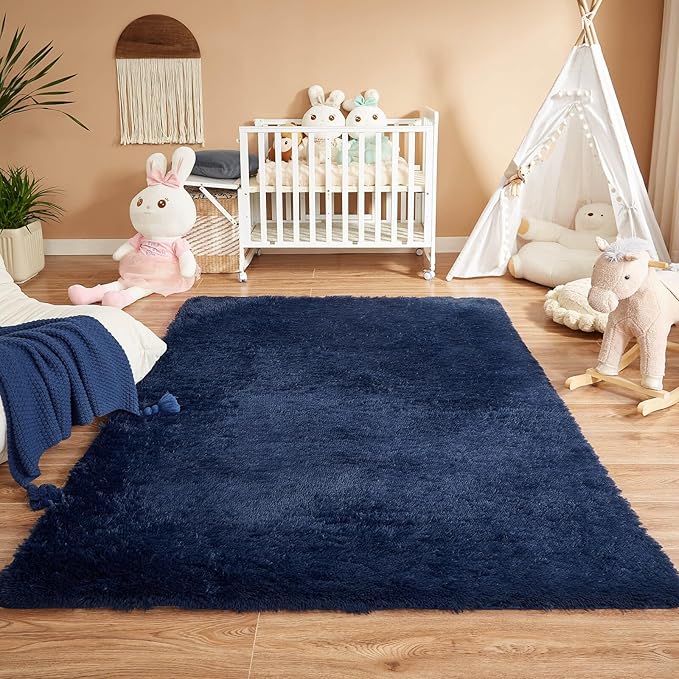 Floralux 5x7 Rugs for Living Room, Dark Blue, Soft Fluffy Area Rug for Bedroom, Upgraded Anti-Skid Plush Carpet for Kid's Room, Teens Dorm, Nursery, Home Decor Aesthetic