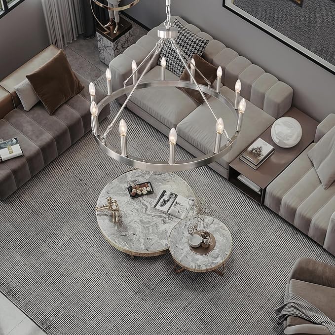 32" Silver Wagon Wheel Chandelier, 12-Light Farmhouse Brushed Nickel Wagon Wheel Chandelier for Dining Room, Modern Round Candle Chandeliers Light Fixture for Living Room, Foyer, Entryway, E12