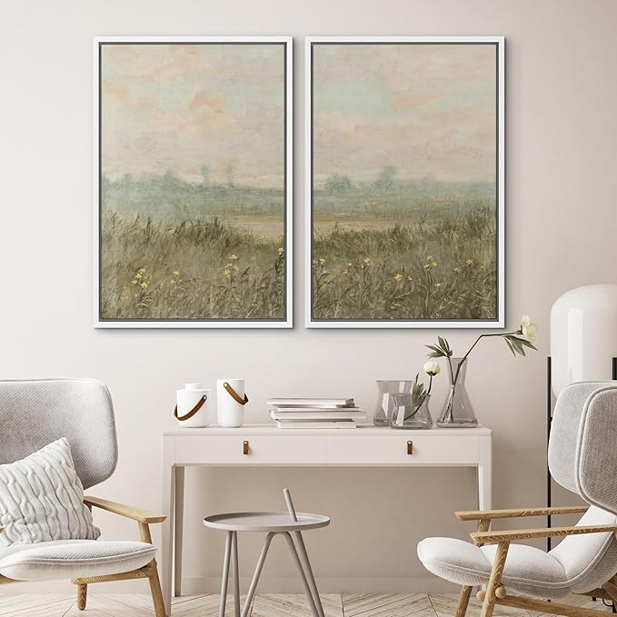 SIGNWIN Framed Wall Art Print Set Serene Meadow at Dawn Soft Impressionist Landscape Illustrations Minimal Decorative Nordic Zen Bohemian for Living Room, Bedroom, Office - 24"x36"x2 White