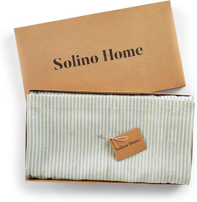 Solino Home Linen Striped Tablecloth 60 x 90 Inch - 100% Pure Linen Avocado and White Table Cloth for Rectangle Tables - Narrow Stripe, Machine Washable Tablecloth for Thanksgiving, Christmas, Winter