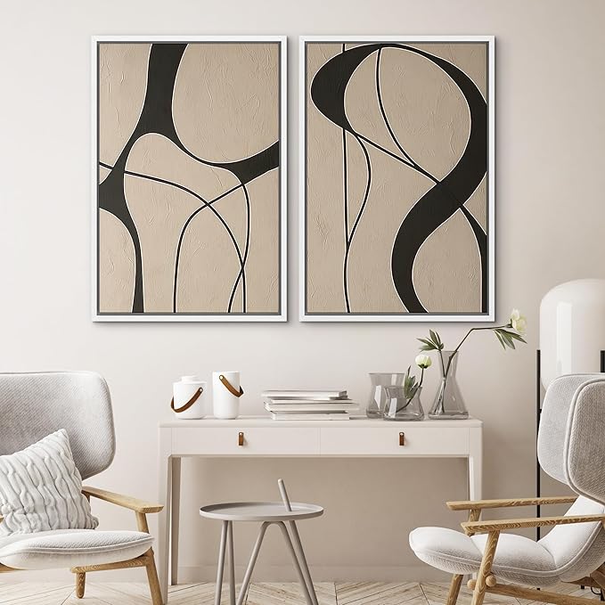 SIGNWIN Framed Canvas Print Wall Art Set Neutral Beige and Black Abstract Line Modern Minimalist Modern Art Minimal Boho Relax/Calm for Living Room, Bedroom, Office - 16"x24"x2 White