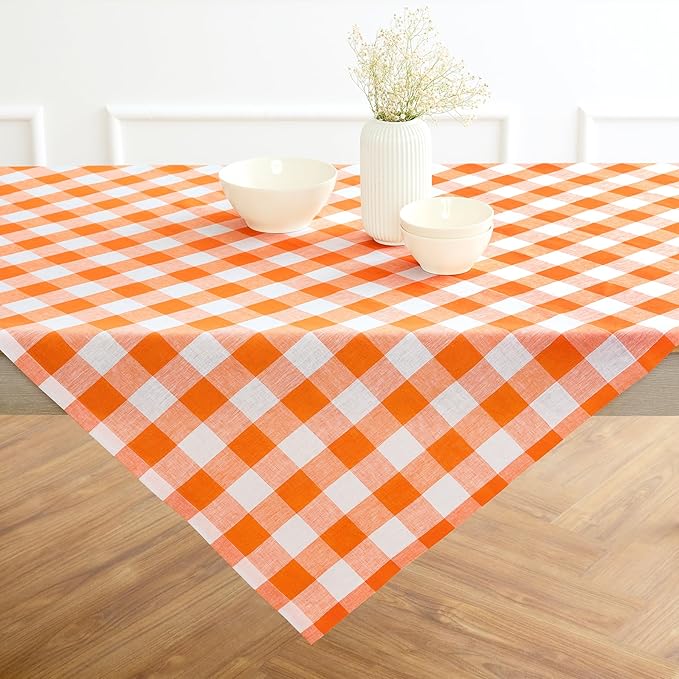 Solino Home Linen Checkered Tablecloth 52 x 52 Inch - 100% Pure Linen Pumpkin and White Buffalo Plaid Square Tablecloth - Machine Washable Table Throw for Fall, Autumn, Thanksgiving