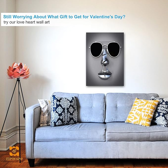 3D Metal Effect Wall Art - 3D Wall Art Decor Artwork Wear Sunglasses Siliver Figure Statue Modern Art Canvas Painting, Large Wall Art for Bedroom Dercor Framed 28”x40”x1Pcs