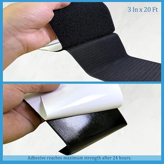 3 Inch x20 Feet Adhesive Hook and Loop Tape, Nylon Heavy Duty Hook and Loop Strips, Black Double Sided Self Adhesive Interlocking Tape for Fix Screen Window Sofa Cushions Carpet Wall Hanging