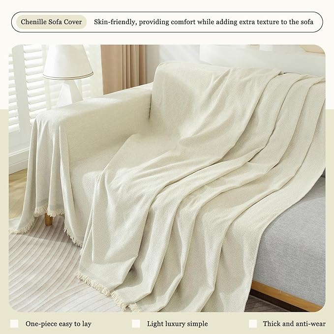 DREAMINGO Modern Minimalism Cream White Couch Cover Sectional Sofa Covers for 3 Cushion Couch Washable Chenille Pet Couch Protector for Dogs Boho Herringbone Sofa Furniture Slipcover, 71"x150"