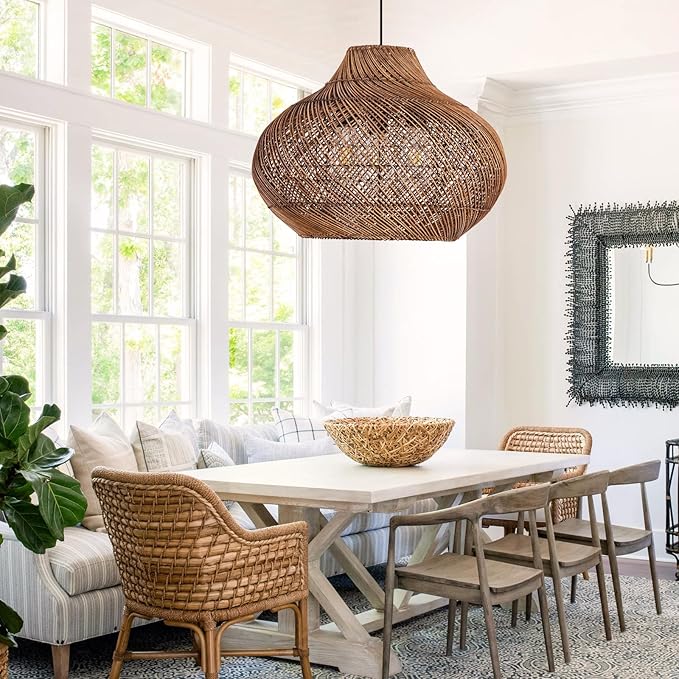 Boho Rattan Pendant Lights 18.9IN Hand-Woven Wicker Chandelier Rattan Basket Ceiling Hanging Light Fixtures for Dining Room Kitchen Island Living Room Entry Hallway Reataurant