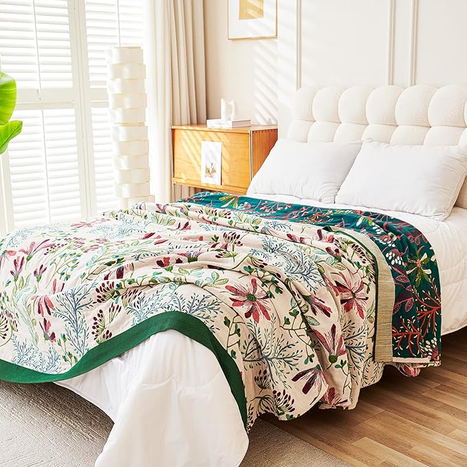 Boho Throw Blanket, 100% Organic Cotton Breathable Ultra Soft 91" x 98" Bed Quilt Throw - All Season Floral Rustic Farmhouse Decor Luxury Reversible Blanket for Sofa Couch Chair and Gift