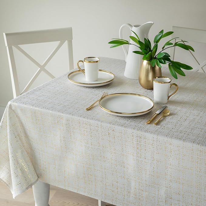 Benson Mills Gold Mine Foil Printed Fabric Table Cloth, Holiday, Winter, Thanksgiving, and Christmas Tablecloth (60" x 104" Rectangular, Gold Mine Ivory/Gold)
