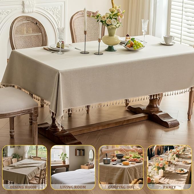 1 Pack Heavy Duty Cotton Tablecloth Soft Wrinkle Resistant Fabric with Decorative Tassles Fringe for Kitchen Dining Table, Warm Beige, 55x102 Inch