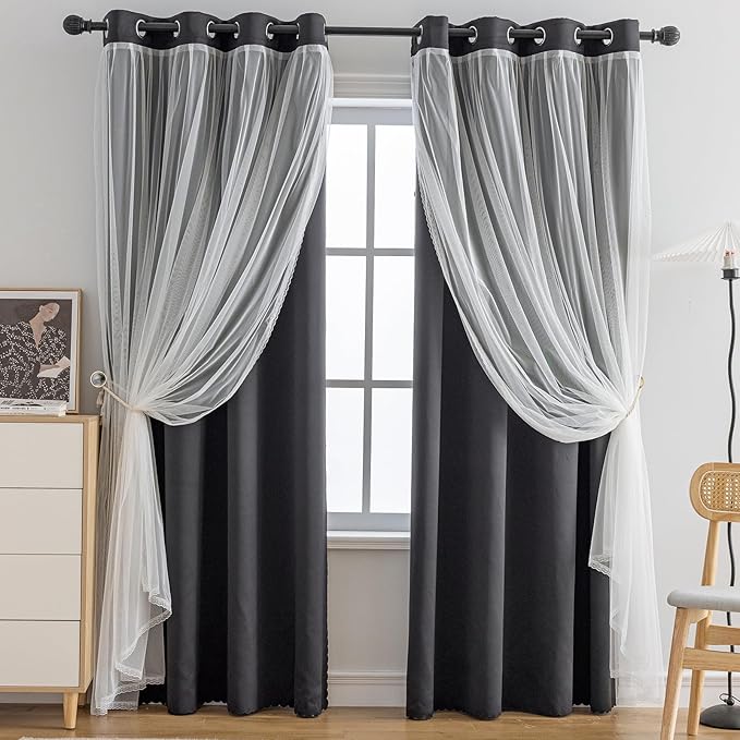 Anytime Home Curtains Blackout and Sheer Layered Solid Window Curtain Panel Pair with Grommet Top, 52Wx72L,Black