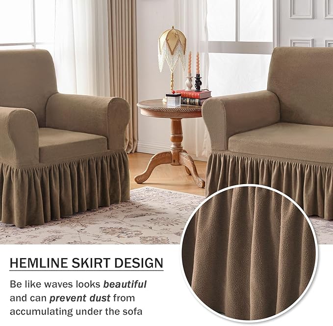 NICEEC Loveseat Cover Thick Plush 1-Piece Warm Khaki Slipcover for Loveseats Stretch Fluffy Couch Covers for Living Room Easy Fit Washable Soft Furniture Sofa Protector with Skirt