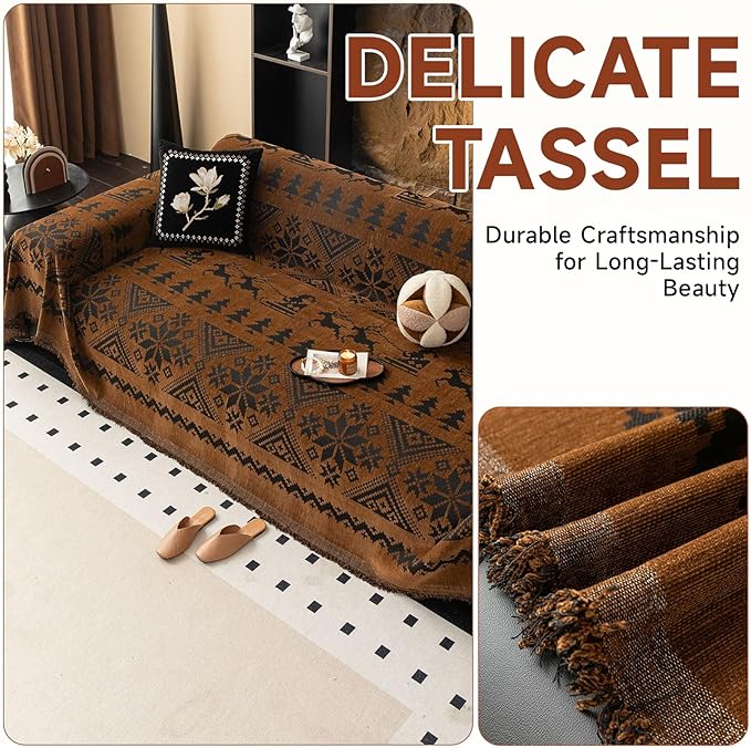 VClife Boho Couch Cover for Christmas 1 Piece Soft Warm Couch Cover for Sectional Sofa, Washable Pumpkin and Black Jacquard 3-Seaters Sofa Covers for Home Office RV 71"x134"