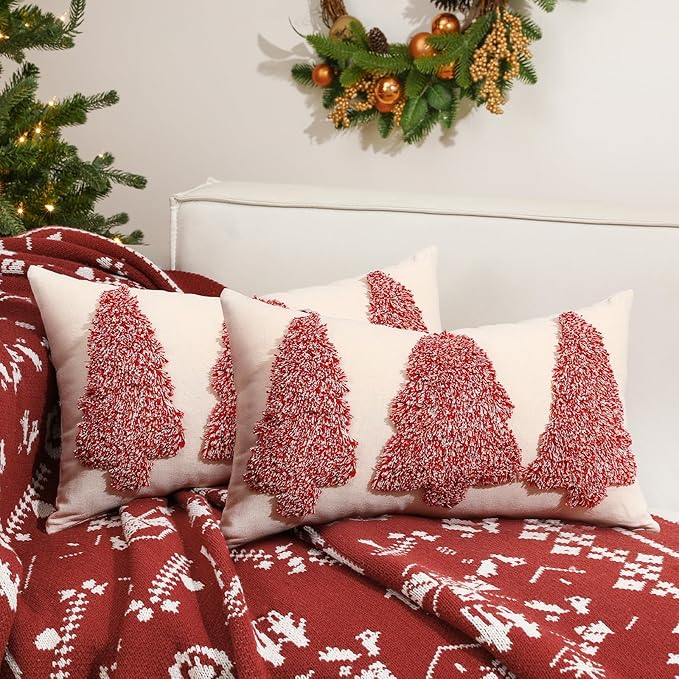 Lewondr Christmas Throw Pillow Covers, 2 Pack Christmas Tree Embroidery Decorative Throw Pillow Case Sofa Cushion Cover for Party Thanksgiving Day Xmas Decor 12"x20"(30x50cm), Beige