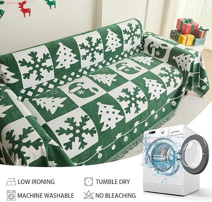 MEETSKY Christmas Green Couch Cover for Sectional Sofa, Chenille Loveseat Sofa Covers Washable for Pet Friendly Snowflake Christmas Tree Decorative Couch Covers, 71" x 118"