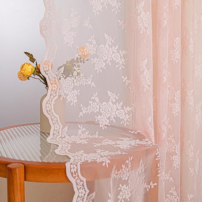 MEETSKY Pink Floral Lace Curtains 72 Inches Long Vintage Victorian French Princess Elegant Light Filtering Drapes with Back Tab Rod Pocket for Girls Room, 50"x72", 2 Panels