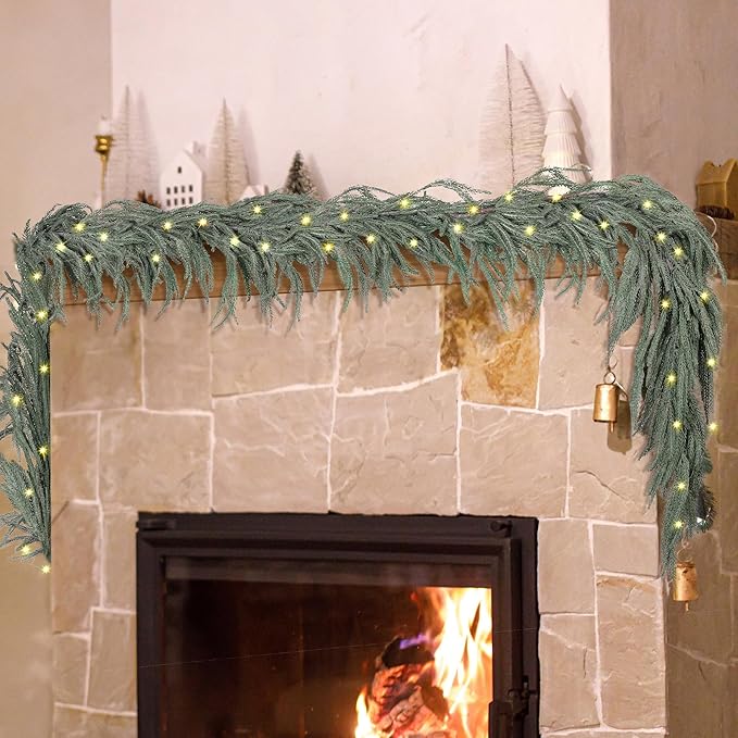 Fovths 1 Pack 9 Feet Christmas Norfolk Garlands Set Green Artificial Winter Pine Garlands Light String Faux Greenery Garland Pine Garland for Xmas Holiday Home Indoor Decor, Green and White