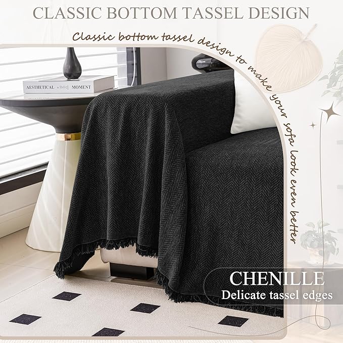 ALIECOM Sectional Couch Covers L Shape Sectional Sofa Cover for Dogs 2 Piece Thick Chenille L Shaped Couch Cover Blanket Chaise Sofa Slipcovers Pet Furniture Protector Washable (XX-Large, Black)