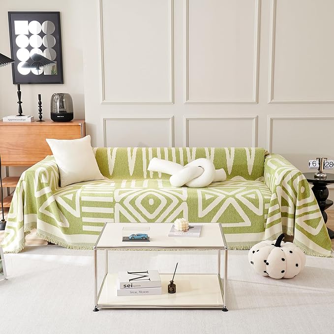 VClife Couch Cover Boho, Green Jacquard Sofa Cover for 3 Cushion Couch Sofa, Anti Slip Dog Sofa Couch Cover Washable Sofa Slipcover L-Shape Sectional Sofa Cover with Tassel, 91"x150"