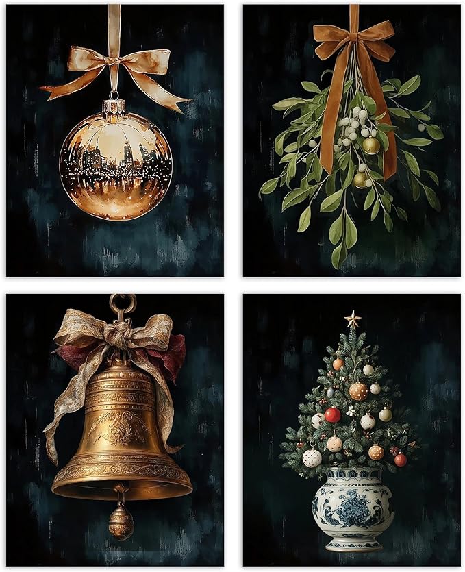 AEHIE Dark Moody Christmas Wall Art Poster Prints for Home Room Bedroom Decor, Dark Academia Christmas Decor, Winter Bauble Ball Ornament Bell Mistletoe Holiday Prints Wall Art Unframed 4pcs 8x10inch