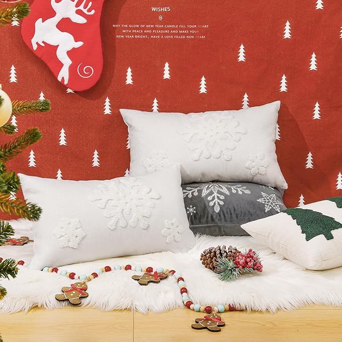 Lewondr Christmas Throw Pillow Cover, 2 Pack Snowflake Embroidery Decorative Throw Pillow Case Linen Sofa Cushion Cover for Party Thanksgiving Day Xmas Decor 12"x20"(30x50cm) - White