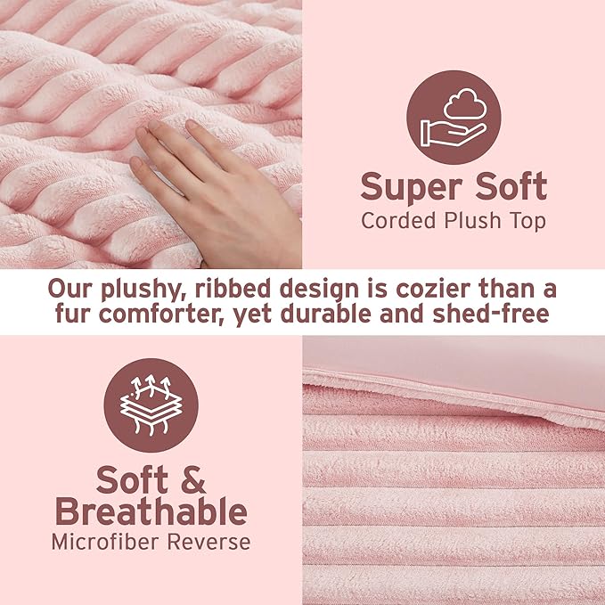 Intelligent Design King Comforter Set, Cozy Plush Bedding, Microfiber Reverse, 3 Piece, Lightweight, Super Soft Ribbed Velvet Comforter 2 Shams, All Season Fluffy Bed Set, Avril, King/Cal King Pink