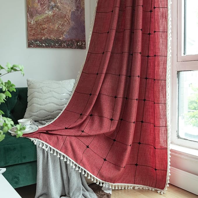 Sutuo Home Boho Curtains for Kitchen Nursery 63 Inch Length, Grid Linen Light Filtering Farmhouse Vintage Chic Tassels Window Treatment Bohemian Drape for Xmas Decor 1 Panel 52" W x 63" L, Red Plaids