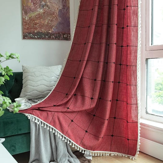 Sutuo Home Boho Curtains for Kitchen Nursery 63 Inch Length, Grid Linen Light Filtering Farmhouse Vintage Chic Tassels Window Treatment Bohemian Drape for Xmas Decor 1 Panel 52" W x 63" L, Red Plaids