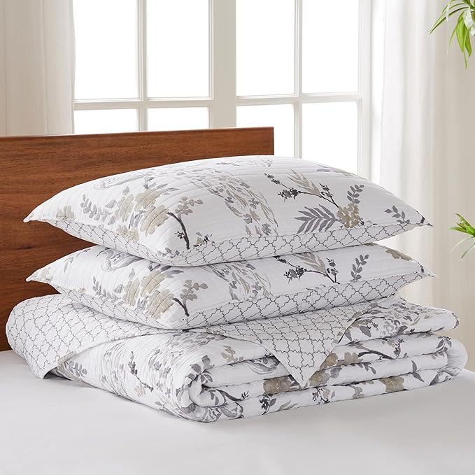 Levtex Home Pisa Reversible Twin Bedspread Set (80x106in) with 1 Pillow Sham (26x20in) - Floral Peacock - Grey, Taupe - 100% Cotton Twin Size Bedspread Set - Lightweight, Soft, Pre-Washed