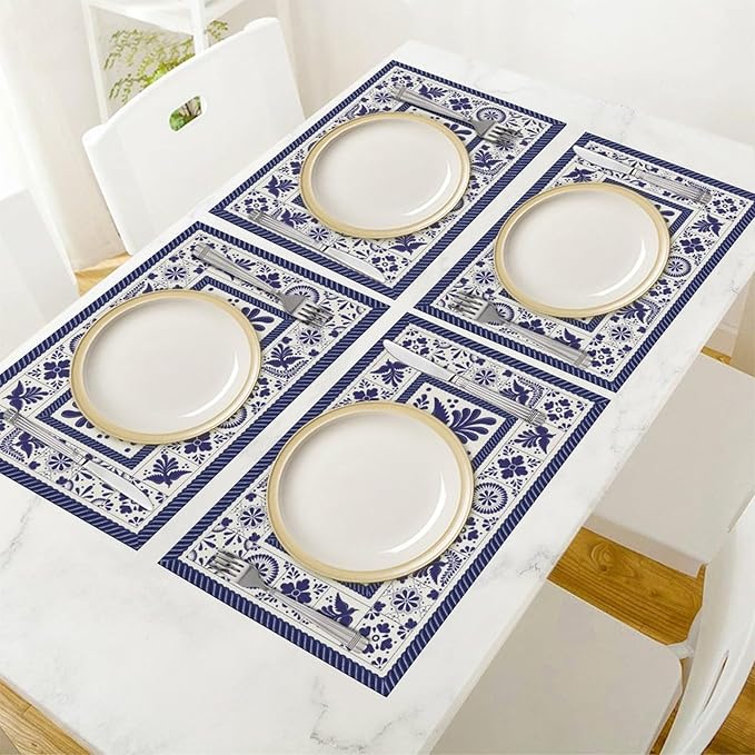 Mexican Placemat Set of 4, 12x18 Inch Rustic Floral Birds Blue Talavera Ceramic Mexico Tiles Dia De Los Muertos Coffee Vintage Table Mats for Outdoor Kitchen Dining Table Decoration