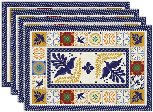 Mexican Placemat Set of 4, 12x18 Inch Rustic Mexico Tiles Floral Birds Colorful Talavera Ceramic Dia De Los Muertos Coffee Vintage Table Mats for Outdoor Kitchen Dining Table Decoration