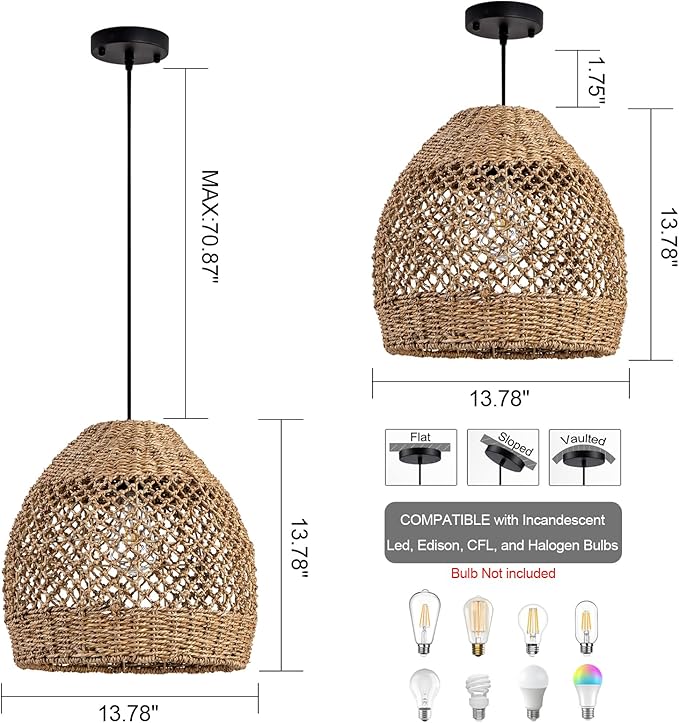 Rustic Rattan Pendant Lights, 13.78" Hand-Woven Farmhouse Light Fixture, Round Ceiling Hanging Chandelier Crafts Lampshade for Kitchen Island Entry Living Room Bedroom Foyer Hallway