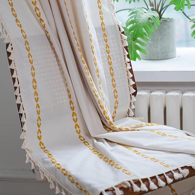 Sutuo Home Boho Curtains 90 inches for Bedroom Living Room, Semi Blackout Farmhouse Tassels Vintage Privacy Bohemian Embroidery Drape, Rod Pocket 1 Panel 52" W x 90" L, White and Gold