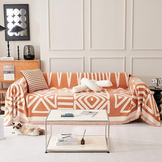VClife Boho Couch Cover for 3 Cushion Couch Chenille Sofa Cover for Sectional Sofa, Modern Caramel Sofa Slipcover Washable Couch Covers for L-Shape Sofa Reversible Sofa Protector 71''x134''