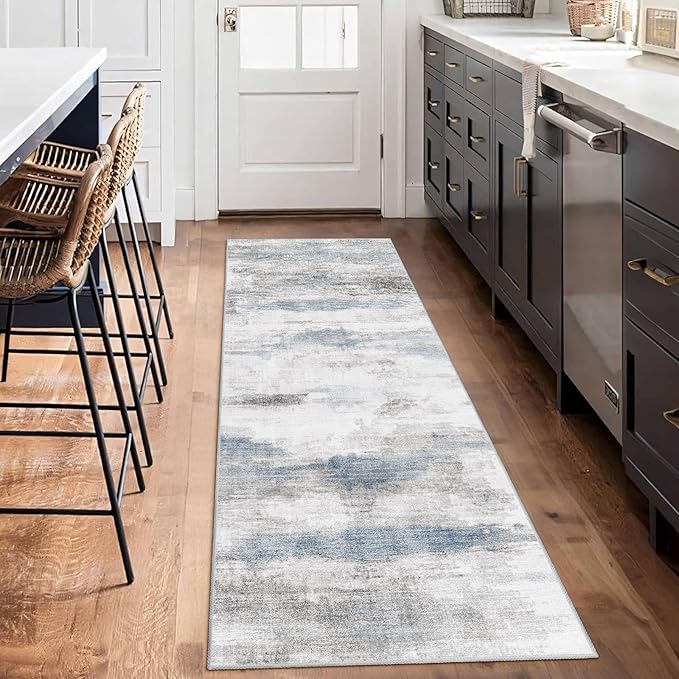 Enkor Runner Rug for Hallways, 2x6 Washable Soft Non Slip Abstract Rugs for Kitchen, Modern Mat for Entryway Living Room Bedroom Blue & Grey