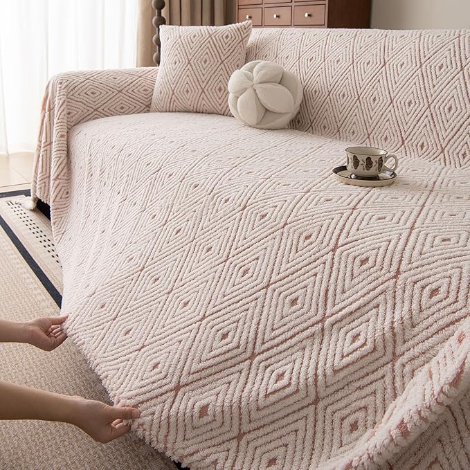 ROOMLIFE Striped Boho Pink Couch Cover for 2-3 Cushion Sofa, Fuzzy Plush Warm Sofa Slipcovers Sectional Sofas Covers, Non Slip Washable Furniture Protector Soft with Tassel,Winter 71''X150”