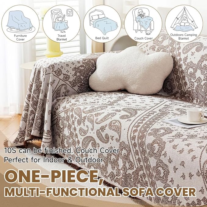 ROOMLIFE Boho Khaki Couch Covers for 3 Cushion Sofa, Breathable Couch Cover Sectional Sofa Cover for Dog, Washable Furniture Sofa Protector Cover Soft Blanket with Tassel for Living Room, 71''X118''