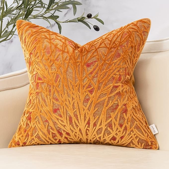 Yangest Orange Yellow Twigs Throw Pillow Cover Branches Velvet Cushion Case Neutral Pillowcase for Sofa Couch Bedroom Living Room Home Decor,18x18 Inch