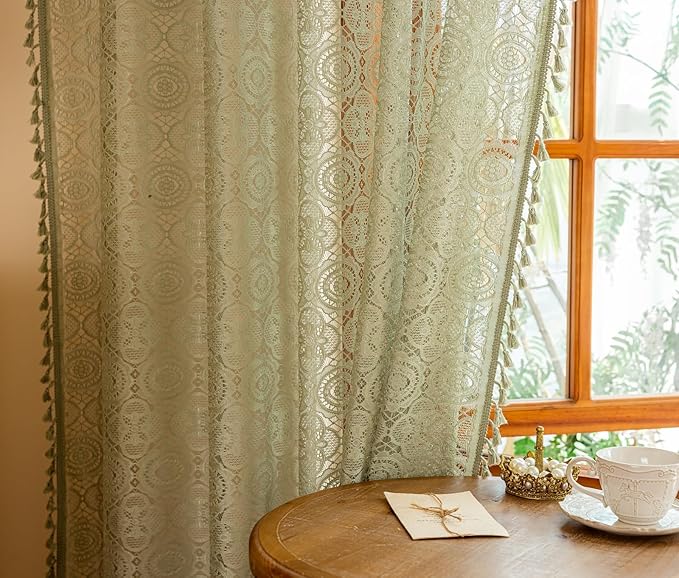 YJ YANJUN Green Boho Kitchen Curtains- W59 X L54 inch Length 2 Panels, Cute Short Semi Sheer Lace Curtains for Bedroom Laundry Room, Vintage Hollow Crochet Floral Pattern, Rod Pocket Sage Green
