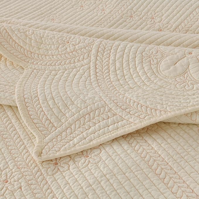 MarCielo 100% Cotton Quilt Set Lightweight Bedspread with Scalloped Edge, Farmhouse Vintage Bedding, All Season Use(Tu Beige,Queen (96"x102"))