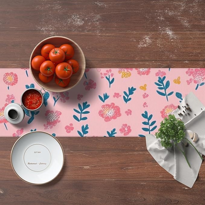 Pink Flower Table Runner 13x72 Inches Vintage Floral Faux Linen for Kitchen Dining Table Decor Wedding Birthday Party Holiday Celebration