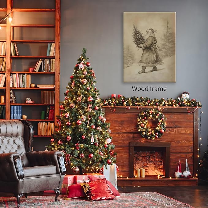 Santa Claus Sketch Poster Vintage Christmas Tree Wall Art 08x10 inch Framed Antique Winter Landscape Canvas Pictures Cozy Holiday Wall Decor